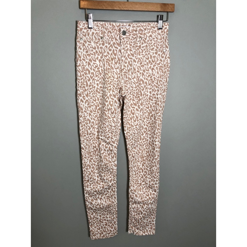 Lascana Slim Pants Women 2 Tan White Leopard Animal Print Stretch High Rise
